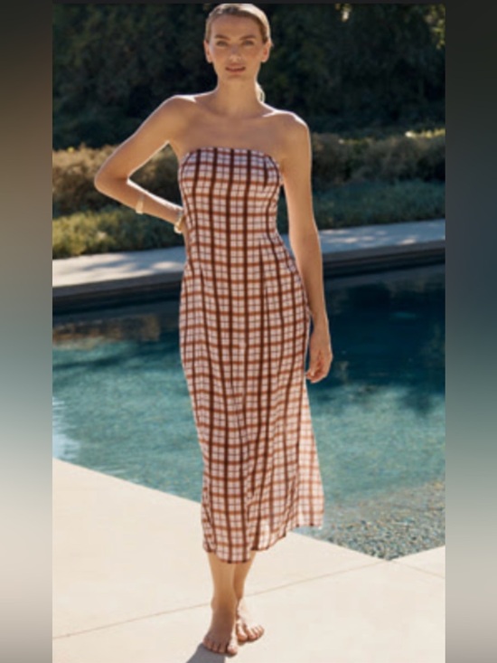 Anthropologie Dresses & Skirts - Anthropologie Linen Strapless Aliza Plaid Smocked Dress S M pink brown crème